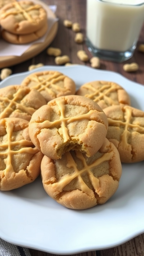 A plate of golden keto peanut butter cookies with a crisscross pattern, next to a glass of milk and scattered peanuts.